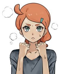 Rule 34 | 1girl, closed mouth, commentary request, creatures (company), echizen (n fns17), eyelashes, frown, game freak, green eyes, green nails, grey shirt, hair ornament, hairclip, hands up, long hair, looking at viewer, nail polish, nintendo, orange hair, pokemon, pokemon swsh, shirt, simple background, solo, sonia (pokemon), steam, sweat, upper body, white background