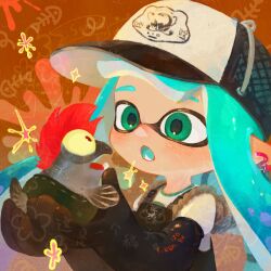 Rule 34 | 1girl, :o, animal, baseball cap, black gloves, black overalls, blue hair, blue tongue, blunt bangs, blush, bulging eyes, colored tongue, commentary request, dmwggg, earrings, fang, flower (symbol), gloves, green eyes, hat, highres, holding, holding animal, inkling, inkling girl, inkling player character, jewelry, long hair, looking at animal, lower teeth only, nintendo, number earrings, open mouth, overalls, pointy ears, print headwear, rubber gloves, salmon run (splatoon), salmonid, shirt, single earring, smallfry (splatoon), splatoon (series), splatoon 3, splatter, teeth, tentacle hair, twintails, upper body, white shirt