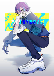 Rule 34 | 1boy, alternate costume, aqua hair, bag, belt, collared shirt, commentary request, dada (1st), full body, glasses, hair between eyes, highres, jewelry, kamishiro rui, layered sleeves, long sleeves, male focus, multicolored hair, project sekai, purple hair, ring, shirt, shoelaces, short hair, short over long sleeves, short sleeves, solo, streaked hair, white footwear, yellow eyes