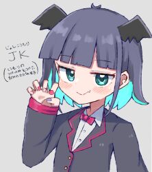 Rule 34 | 1girl, animal ears, aqua hair, bat ears, black hair, black jacket, blunt bangs, blush, bow, bowtie, claw pose, closed mouth, collared shirt, colored inner hair, commentary request, fang, green eyes, grey background, hand up, highres, jacket, long sleeves, looking at viewer, multicolored hair, nail polish, original, red bow, red bowtie, sasugane watashi, shirt, short hair, simple background, sleeves past wrists, smile, solo, translation request, upper body, white shirt