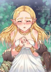 Rule 34 | 1girl, bare shoulders, blonde hair, closed eyes, dress, gloves, highres, imminent kiss, lazoomaiga, link, long hair, nintendo, pov, princess zelda, puckered lips, solo focus, the legend of zelda, the legend of zelda: breath of the wild, white dress