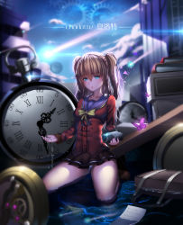 Rule 34 | 10s, 1girl, blue eyes, bow, brown hair, bug, butterfly, camcorder, charlotte (anime), clock, gears, highres, hk (hk), insect, light brown hair, long sleeves, oversized object, panties, pantyshot, pocket watch, school uniform, serafuku, shirt, sitting, skirt, solo, tomori nao, twintails, two side up, underwear, video camera, wariza, watch, water, white panties