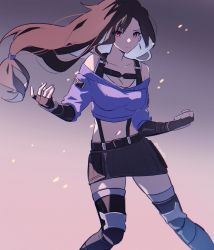 Rule 34 | 1girl, asymmetrical hair, blue sweater, boots, breasts, brown hair, cropped sweater, earrings, embers, fighting stance, final fantasy, final fantasy vii, final fantasy vii ever crisis, final fantasy vii remake, fingerless gloves, gloves, gradient background, highres, jewelry, large breasts, long hair, low-tied long hair, mao (expuella), midriff, navel, off shoulder, official alternate costume, red eyes, shirt, skirt, solo, square enix, suspender skirt, suspenders, sweater, thigh boots, tifa lockhart, tifa lockhart (metalfoot), upper body, white shirt