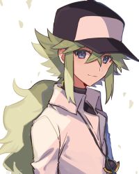 Rule 34 | 1boy, baseball cap, blue eyes, closed mouth, commentary, creatures (company), game freak, green hair, hat, jewelry, long hair, looking to the side, male focus, n (pokemon), necklace, nintendo, orb, pokemon, pokemon bw, shirt, sidelocks, smile, solo, tpi ri, two-tone headwear, undershirt, white background, white shirt