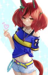 Rule 34 | 1girl, absurdres, animal ears, arm behind back, belt, belt buckle, blue shirt, blush, breasts, brown hair, buckle, closed mouth, collarbone, commentary request, cosplay, cowboy shot, cutoffs, daitaku helios (umamusume), daitaku helios (umamusume) (cosplay), ear covers, finger heart, groin, hair between eyes, hand up, heart, highres, horse ears, horse girl, horse tail, jewelry, looking at viewer, medium hair, midriff, midriff peek, miyama mizuki (hoshihoshi1220), multicolored hair, navel, necklace, nice nature (umamusume), off-shoulder shirt, off shoulder, shirt, short shorts, short sleeves, shorts, sidelocks, single bare shoulder, small breasts, smile, solo, standing, streaked hair, tail, tied shirt, umamusume, yellow eyes