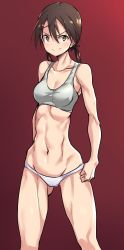 Rule 34 | 1girl, bra, breasts, brown background, brown eyes, brown hair, buta-don, commentary request, cowboy shot, gertrud barkhorn, grey bra, highres, long hair, looking at viewer, midriff, navel, panties, simple background, small breasts, smile, solo, sports bra, standing, strike witches, toned, twintails, underwear, white panties, world witches series