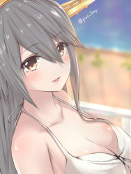 Rule 34 | 1girl, :d, bare shoulders, bikini, blurry, blurry background, breasts, brown eyes, cleavage, close-up, collarbone, grey hair, hair ornament, hairclip, haruna (kancolle), headgear, kantai collection, large breasts, long hair, looking at viewer, open mouth, saplus, smile, solo, swimsuit, twitter username, white bikini