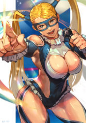 Rule 34 | 1girl, blonde hair, blue leotard, breasts, capcom, cleavage, cleavage cutout, clothing cutout, cowboy shot, holding, holding microphone, hungry clicker, index finger raised, large breasts, lens flare, leotard, long hair, looking at viewer, mask, microphone, open mouth, outstretched arm, pointing, rainbow mika, solo, street fighter, twintails, wrestling mask, wrestling outfit