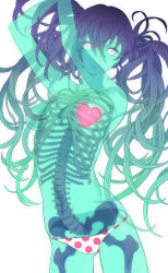 Rule 34 | 1girl, arms up, bad id, bad pixiv id, bone, breasts, hatsune miku, heart, heart on chest, highres, original, panties, polka dot, polka dot panties, simple background, skeleton, small breasts, solo, takase (harakiri), topless, see-through body, transparent, twintails, underwear, underwear only, vocaloid, x-ray