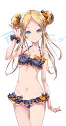Rule 34 | 1girl, abigail williams (emerald float) (fate), abigail williams (fate), arm up, text background, bare arms, bare shoulders, bikini, black bikini, black bow, blonde hair, blue eyes, blush, bow, breasts, closed mouth, collarbone, commentary request, double bun, emerald float, fate/grand order, fate (series), forehead, groin, hair bow, hair bun, heart, highres, long hair, moupii (hitsuji no ki), multiple hair bows, navel, official alternate costume, orange bow, parted bangs, polka dot, polka dot bow, sidelocks, simple background, small breasts, smile, solo, swimsuit, twitter username, white background