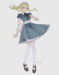 Rule 34 | 1girl, alice (megami tensei), black footwear, blonde hair, blue dress, dress, floating hair, full body, grey background, hairband, highres, long hair, looking at viewer, mary janes, pantyhose, pointing, pointing at viewer, puffy short sleeves, puffy sleeves, shin megami tensei, shoes, short sleeves, simple background, solo, twitter username, white hairband, white pantyhose, yellow eyes, za210n
