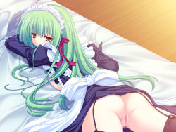 Rule 34 | 1girl, 77, apron, ass, bed, black dress, black thighhighs, breasts, censored, dress, from behind, game cg, garter straps, green hair, highres, large breasts, long hair, long sleeves, looking at viewer, looking back, lying, maid, maid apron, maid headdress, mikagami mamizu, no panties, on bed, open clothes, open dress, puffy sleeves, pussy, smile, solo, stella (77), sweat, thighhighs, white apron, yellow eyes