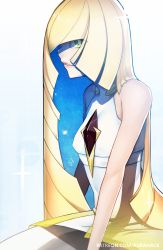 Rule 34 | 10s, 1girl, aurahack, bare arms, blonde hair, breasts, creatures (company), double exposure, from side, game freak, green eyes, highres, long hair, looking at viewer, lusamine (pokemon), mature female, nintendo, parted lips, pokemon, pokemon sm, sleeveless, small breasts, smile, solo, upper body, very long hair