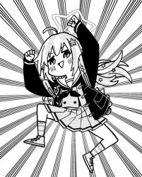 Rule 34 | 1girl, ahoge, arms up, blue archive, clenched hands, full body, greyscale, hair between eyes, hair ornament, halo, jacket, koyuki fukkyuu taisakuiinkai, long hair, monochrome, neckerchief, open clothes, open jacket, open mouth, pleated skirt, reisa (blue archive), sailor collar, school uniform, serafuku, shoes, skirt, smile, socks, solo, star (symbol), star hair ornament, twintails