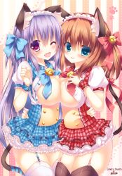 Rule 34 | 2girls, :p, ;d, animal ears, black legwear, blue eyes, blush, breast press, breasts, brown hair, buttons, cat ears, cat tail, cleavage, clenched hand, collaboration, fang, garter straps, hair ribbon, headdress, heart, heart-shaped pupils, hug, large breasts, layered skirt, long hair, looking at viewer, multiple girls, one eye closed, ooji cha, open mouth, original, oziko (ooji cha), plaid, plaid skirt, purple eyes, purple hair, ribbon, short hair, skirt, smile, suzunone rena, symbol-shaped pupils, symmetrical docking, tail, thighhighs, tongue, tongue out, white legwear, wink, wrist cuffs