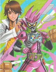 Rule 34 | 1boy, 2019, absurdres, armor, artist name, brown eyes, brown hair, clenched hand, coat, controller, cowboy shot, doctor, dual persona, full armor, game controller, highres, holster, kamen rider, kamen rider ex-aid, kamen rider ex-aid (series), neck, outstretched arms, ravernclouk design, rider belt, shirt, smile, standing, t-shirt, tokusatsu, traditional media, white coat, yellow eyes, yellow shirt