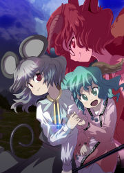 Rule 34 | 3girls, animal ears, brown eyes, brown hair, capelet, dowsing rod, dress, female focus, futatsuiwa mamizou, glasses, green eyes, green hair, grey hair, highres, jewelry, kasodani kyouko, leaf, leaf on head, mouse ears, mouse tail, multiple girls, nazrin, object on head, open mouth, pendant, pince-nez, raccoon ears, raccoon tail, red eyes, short hair, smile, syope, tail, touhou