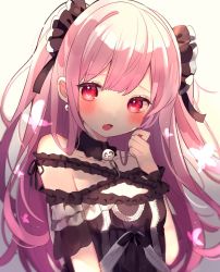 Rule 34 | 1girl, bare shoulders, black dress, blush, chain, chikuwa (tikuwaumai ), collarbone, commentary request, dress, fang, hand up, highres, hololive, long hair, looking at viewer, off-shoulder dress, off shoulder, open mouth, pink hair, red eyes, skull, solo, two side up, upper body, uruha rushia, uruha rushia (3rd costume), very long hair, virtual youtuber, wrist cuffs