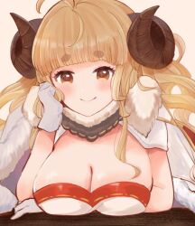 Rule 34 | 1girl, anbaagu, anila (granblue fantasy), arm under breasts, blonde hair, breasts, cape, cleavage, commentary request, fur cape, fur collar, gloves, granblue fantasy, head on hand, horns, large breasts, looking at viewer, orange eyes, solo, thick eyebrows, white gloves