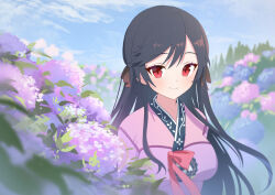 Rule 34 | 1girl, absurdres, black hair, blue sky, blurry, blurry foreground, boku no kanojo wa ningyohime!?, breasts, closed mouth, commission, dot nose, floating hair, flower, highres, japanese clothes, kaerunrun, kimono, koma ion, long hair, looking at viewer, medium breasts, outdoors, pink kimono, pixiv commission, red eyes, sky, smile, solo, upper body