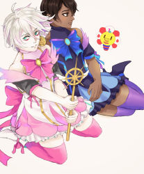 Rule 34 | 2boys, absurdres, ahoge, alternate costume, aqua eyes, arjuna (fate), bad id, bad pixiv id, bare shoulders, blue bow, blue dress, blue footwear, blue ribbon, bow, brooch, brown eyes, brown hair, closed mouth, collarbone, commentary, crossdressing, dark-skinned male, dark skin, detached sleeves, dress, dress bow, echo (a19986536), expressionless, eyeliner, fate/grand order, fate (series), frilled dress, frills, gold trim, hair between eyes, hands up, high heels, highres, holding, jewelry, karna (fate), kneeling, large bow, looking at viewer, looking to the side, looking up, makeup, male focus, multiple boys, pale skin, parted bangs, petticoat, pink bow, pink dress, pink legwear, pink ribbon, puffy detached sleeves, puffy short sleeves, puffy sleeves, purple legwear, ribbon, short dress, short sleeves, simple background, split mouth, spread legs, thighhighs, turtleneck, v arms, wavy hair, white background, white footwear, white hair, zettai ryouiki