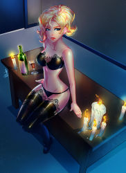 Rule 34 | 1girl, 2017, absurdres, alcohol, arms at sides, bare shoulders, black bra, black panties, black thighhighs, blonde hair, blue eyes, bottle, bra, breasts, candle, cleavage, collarbone, cup, dated, drinking glass, earrings, eyelashes, eyeliner, fire, from above, glass, groin, highres, huge filesize, indoors, jewelry, lace, lace-trimmed bra, lace-trimmed legwear, lace-trimmed panties, lace trim, large breasts, legs together, lingerie, lipstick, looking at viewer, makeup, medium breasts, mercy (overwatch), navel, overwatch, overwatch 1, panties, parted lips, ponytail, red lips, revision, signature, sitting, sitting on table, solo, stomach, strapless, strapless bra, stud earrings, table, thighhighs, topsu, underwear, underwear only, wine, wine bottle, wine glass