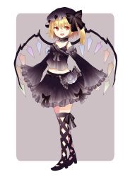 Rule 34 | &gt;:d, 1girl, :d, alternate color, alternate costume, ankle lace-up, arms at sides, asymmetrical clothes, black bow, black skirt, blonde hair, bow, cross-laced footwear, crystal, detached sleeves, fangs, flandre scarlet, full body, hat, hat bow, high heels, long sleeves, looking at viewer, mob cap, open mouth, red eyes, sakizaki saki-p, side ponytail, skirt, skirt set, smile, solo, standing, touhou, v-shaped eyebrows, wide sleeves, wings