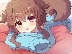 Rule 34 | 1girl, ahoge, animal ears, blue sweater, blush, brown hair, clothing cutout, commission, dog ears, dog girl, dog tail, emi (vtuber), eyebrows hidden by hair, heterochromia, indie virtual youtuber, looking at viewer, lying, on stomach, open mouth, pillow, short hair, skeb commission, sleeves past wrists, smile, solo, sweater, tail, tail through clothes, tnd(tenndo), two side up, virtual youtuber