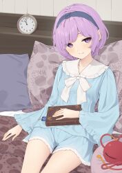 Rule 34 | 1girl, adapted costume, animal print, black hairband, blue shirt, blue shorts, blush, book, bookmark, clock, closed mouth, commentary request, frilled sleeves, frills, hairband, highres, indoors, kanpa (campagne 9), komeiji satori, long sleeves, looking at viewer, pillow, pink eyes, pink hair, shirt, short hair, shorts, solo, third eye, touhou, wide sleeves