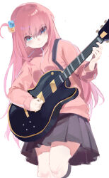 Rule 34 | 1girl, absurdres, black skirt, blue eyes, bocchi the rock!, chinese commentary, closed mouth, commentary request, cowboy shot, cube hair ornament, dongfang gu gu, facing viewer, gotoh hitori, guitar, hair ornament, highres, instrument, jacket, long hair, long sleeves, looking down, music, one side up, pink jacket, playing instrument, pleated skirt, simple background, skirt, solo, sweat, white background