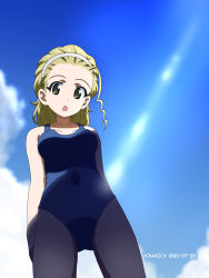 Rule 34 | 1girl, blonde hair, blue one-piece swimsuit, blush, breasts, dated, female focus, from below, girls und panzer, green eyes, hair ornament, hairband, highres, looking at viewer, medium breasts, naotosi, one-piece swimsuit, open mouth, outdoors, sasaki akebi, sky, solo, swimsuit