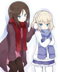 Rule 34 | 10s, 2girls, black hair, black legwear, blonde hair, blue eyes, blue scarf, blue skirt, casual, closed mouth, coat, cowboy shot, crossed arms, earmuffs, girls und panzer, katyusha (girls und panzer), lace, lace-trimmed skirt, lace trim, long hair, long sleeves, looking at another, miniskirt, mittens, multiple girls, nonna (girls und panzer), pantyhose, pink skirt, purple coat, red scarf, scarf, short hair, shuuichi (gothics), skirt, smile, squatting, swept bangs, white background, white coat, white legwear, winter clothes