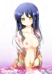 Rule 34 | 1girl, blue hair, blush, braid, breasts, bug, butterfly, collarbone, floral print, groin, bug, japanese clothes, kimono, kirino sami, kyou ami!, long hair, looking at viewer, navel, nipples, no panties, off shoulder, open clothes, open kimono, partially submerged, porurin (do-desho), small breasts, solo, water, wet, wet clothes, yellow eyes