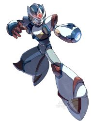 Rule 34 | 1boy, android, arm cannon, commentary, english text, glowing, green eyes, helmet, highres, legs apart, lower teeth only, male focus, mega man (series), mega man x2, mega man x (series), open mouth, robot, second armor x (mega man), shadow, simple background, solo, tanaka (is2 p), teeth, upper teeth only, weapon, white background, x (mega man)