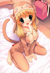 Rule 34 | 1girl, absurdres, animal costume, arm support, backpack, bag, banana, barefoot, bed, bedroom, between breasts, blonde hair, blush, breasts, cleavage, cosplay, feet, food, fruit, green eyes, highres, kigurumi, leaning forward, monkey, open mouth, pajamas, pillow, randoseru, sexually suggestive, sitting, solo, source request, toes, wariza, yuki usagi