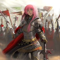 Rule 34 | 1girl, armor, army, axe, blood, blue eyes, breastplate, cape, chainmail, contrapposto, cowboy shot, female knight, flag, fur-trimmed skirt, fur trim, gauntlets, greaves, hachijuu, hand on sword, helmet, highres, horse, knight, long hair, medieval, megurine luka, octopus, pauldrons, pink hair, plate armor, plume, polearm, red cape, shoulder armor, skirt, spear, sword, vocaloid, weapon