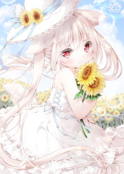 Rule 34 | 1girl, animal ears, blue ribbon, blue sky, blurry, blurry background, blush, bubble, child, cloud, cloudy sky, commentary request, dress, flower, from side, hat, hat ribbon, highres, holding, holding flower, long hair, looking at viewer, moco ofuton, original, outdoors, red eyes, ribbon, sidelocks, sky, smile, solo, sunflower, tail, very long hair, white dress, white hair, white hat