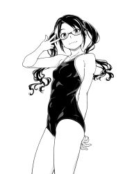 Rule 34 | 1girl, :3, arm behind back, bare shoulders, blush, breasts, cameltoe, competition school swimsuit, cowboy shot, from side, fukudahda, glasses, greyscale, head tilt, idolmaster, idolmaster shiny colors, mitsumine yuika, monochrome, one-piece swimsuit, school swimsuit, simple background, smile, solo, standing, swimsuit, thighs, twintails, w, wavy hair, white background