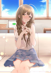 Rule 34 | 1girl, :o, absurdres, antenna hair, blue skirt, blue sky, blunt bangs, blush, bracelet, braid, braiding hair, breasts, brown eyes, brown hair, cloud, collarbone, couch, first aid kit, floral print, hairdressing, hand in own hair, highres, idolmaster, idolmaster shiny colors, indoors, jewelry, kakao taro, kuwayama chiyuki, large breasts, long hair, looking at viewer, necklace, open mouth, pleated skirt, shirt, sitting, skirt, sky, sleeveless, solo, table, twin braids, twintails, white shirt, window