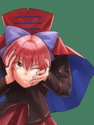 Rule 34 | 1girl, amino (tn7135), bad id, bad pixiv id, bow, cape, disembodied head, green background, hair bow, headless, high collar, holding head, long sleeves, looking at viewer, monster girl, nukekubi, one eye closed, red eyes, red hair, sekibanki, short hair, skirt, solo, touhou