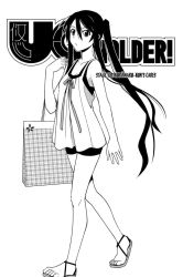 Rule 34 | 10s, 1girl, akamatsu ken, alternate language, bag, bike shorts, breasts, cover, cover page, dress, full body, greyscale, hair between eyes, handbag, hard-translated, highres, long hair, monochrome, non-web source, official art, sandals, small breasts, solo, spoilers, sundress, third-party edit, toes, tokisaka kuroumaru, twintails, uq holder!, walking