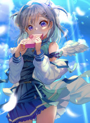 Rule 34 | 1girl, absurdres, amane kanata, amane kanata (work), angel wings, bad id, bad pixiv id, bare shoulders, blue hair, blue shirt, blue skirt, blue sky, box, cloud, commentary request, covering own mouth, cowboy shot, day, frq4 h, gift, gift box, hair intakes, hair ornament, hairclip, highres, holding, holding box, hololive, jacket, long sleeves, looking at viewer, medium hair, multicolored hair, open clothes, open jacket, pleated skirt, purple eyes, shirt, silver hair, skirt, sky, solo, standing, streaked hair, two side up, virtual youtuber, white headwear, white jacket, wings