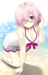 Rule 34 | 1girl, 7 calpis 7, all fours, beach, blush, breasts, cleavage, closed mouth, collarbone, eyes visible through hair, fate/grand order, fate (series), glasses, hair over one eye, highres, large breasts, looking at viewer, mash kyrielight, mash kyrielight (swimsuit of perpetual summer), official alternate costume, purple eyes, purple hair, smile, solo, swimsuit, type-moon
