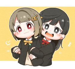 Rule 34 | 2girls, puff of air, black eyes, black hair, black jacket, blazer, blush, border, bow, bowtie, brown vest, clenched hands, commentary, crescent, crescent hair ornament, cropped torso, g teall, hair ornament, hairclip, hands up, highres, hug, hug from behind, jacket, light brown hair, long hair, long sleeves, looking at viewer, love live!, love live! nijigasaki high school idol club, multiple girls, nakasu kasumi, nijigasaki school uniform, open mouth, pink eyes, red bow, red bowtie, school uniform, short hair, sidelocks, smile, teeth, upper teeth only, v-shaped eyebrows, vest, white border, wing collar, yellow background, yellow bow, yellow bowtie, yuri, yuuki setsuna (love live!)