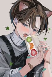 Rule 34 | 1boy, animal ears, bandaid, bandaid on hand, black overalls, blue eyes, blush, brown hair, cat boy, cat ears, clover, food, four-leaf clover, fruit, fruit sandwich, grey sweater, hair behind ear, hands up, highres, kiwi (fruit), kiwi slice, open mouth, orange (fruit), orange slice, original, overalls, ponn mame, short hair, signature, solo, strawberry, strawberry slice, sweater