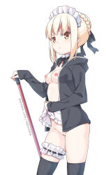 Rule 34 | 1girl, apron, apron lift, artoria pendragon (alter swimsuit rider) (fate), artoria pendragon (alter swimsuit rider) (second ascension) (fate), artoria pendragon (fate), black bow, black jacket, black thighhighs, blonde hair, blush, bow, braid, breasts, bridal garter, brown eyes, closed mouth, clothes lift, cowboy shot, fate/grand order, fate (series), fingernails, frilled apron, frills, hair bow, hair bun, hand up, has bad revision, has censored revision, hatsunatsu, hood, hood down, hooded jacket, jacket, lifted by self, long sleeves, maid headdress, medium breasts, nipples, open clothes, open jacket, pussy, ribbon trim, sidelocks, simple background, single hair bun, sleeves past wrists, solo, thighhighs, uncensored, v-shaped eyebrows, waist apron, watermark, web address, white apron, white background