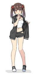 Rule 34 | 1girl, black footwear, black jacket, black shorts, blush, bow, breasts, brown eyes, brown hair, camisole, closed mouth, collarbone, commentary request, criss-cross halter, finger to mouth, full body, hair bow, halterneck, hands up, hatsunatsu, hood, hood down, hooded jacket, jacket, long hair, looking at viewer, navel, open clothes, open jacket, original, red bow, shadow, shoes, short shorts, short sleeves, shorts, shushing, simple background, small breasts, smile, solo, standing, twintails, white background, white camisole