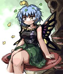Rule 34 | 1girl, alternate breast size, antennae, aqua hair, breasts, bug, butterfly, butterfly wings, dress, eternity larva, eye20806972, fairy, green dress, hair ornament, highres, insect, insect wings, leaf, leaf hair ornament, leaf on head, medium breasts, multicolored clothes, short hair, short sleeves, sitting, solo, touhou, wings, yellow eyes, yellow wings