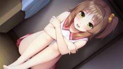 Rule 34 | 1girl, barefoot, blush, brown hair, feet, female focus, game cg, go-1, green eyes, hair bobbles, hair ornament, harukaze nanoka, highres, homemaid sweet pea, indoors, legs, legs apart, light blush, looking at viewer, nose blush, open mouth, original, own hands together, panties, pantyshot, side ponytail, sitting, skirt, smile, solo, thighs, toes, underwear