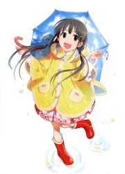 Rule 34 | 1girl, absurdres, annindoufu (oicon), black hair, boots, character request, child, dengeki moeou, food print, full body, hair ornament, hairclip, happy, highres, long hair, pink skirt, pleated skirt, puddle, rain, raincoat, red footwear, rubber boots, simple background, skirt, smile, solo, standing, standing on one leg, strawberry print, twintails, umbrella, white background